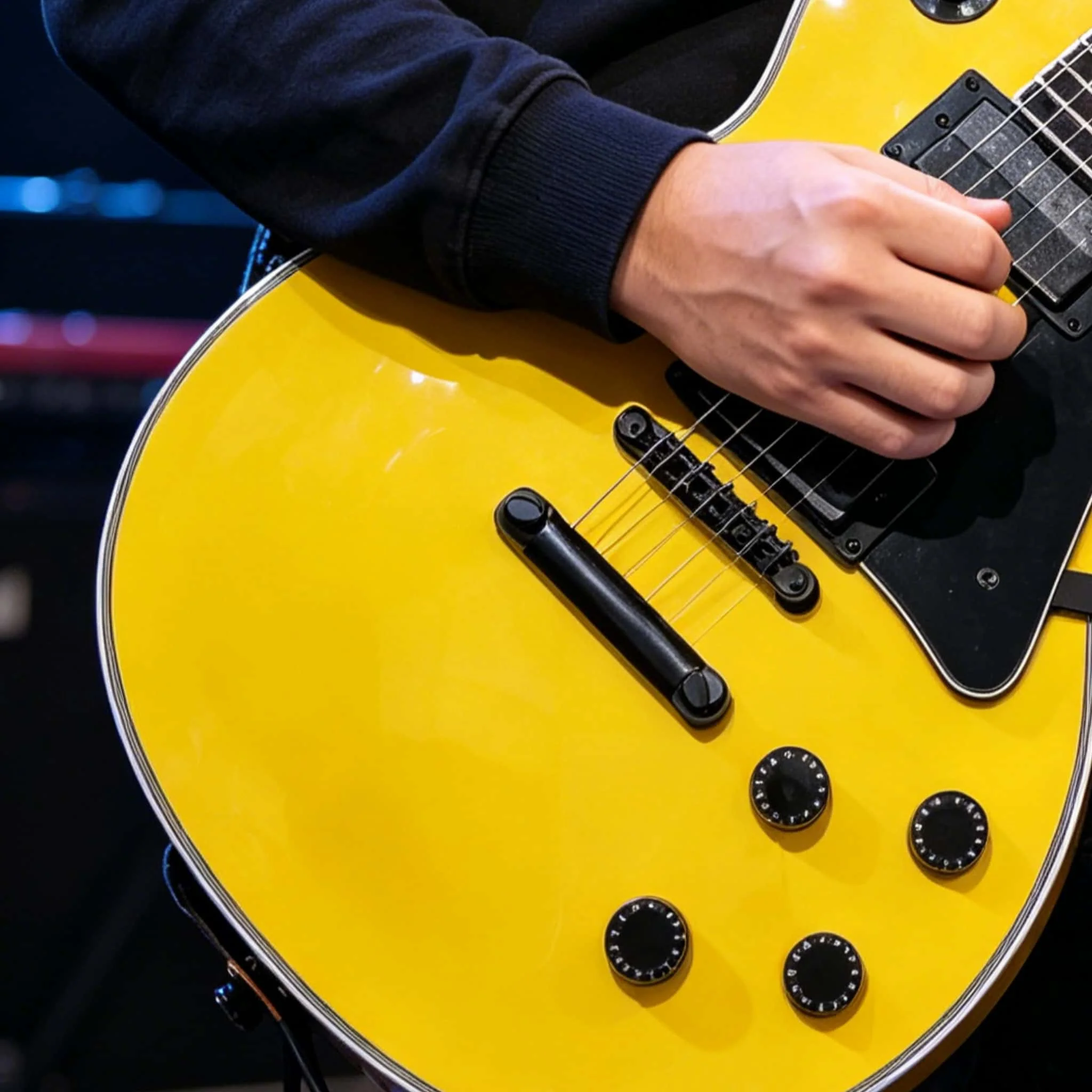 

Yellow Electric Guitar, 39-inch, 6-string, dual pickups, rosewood fingerboard, mahogany body, black hardware
