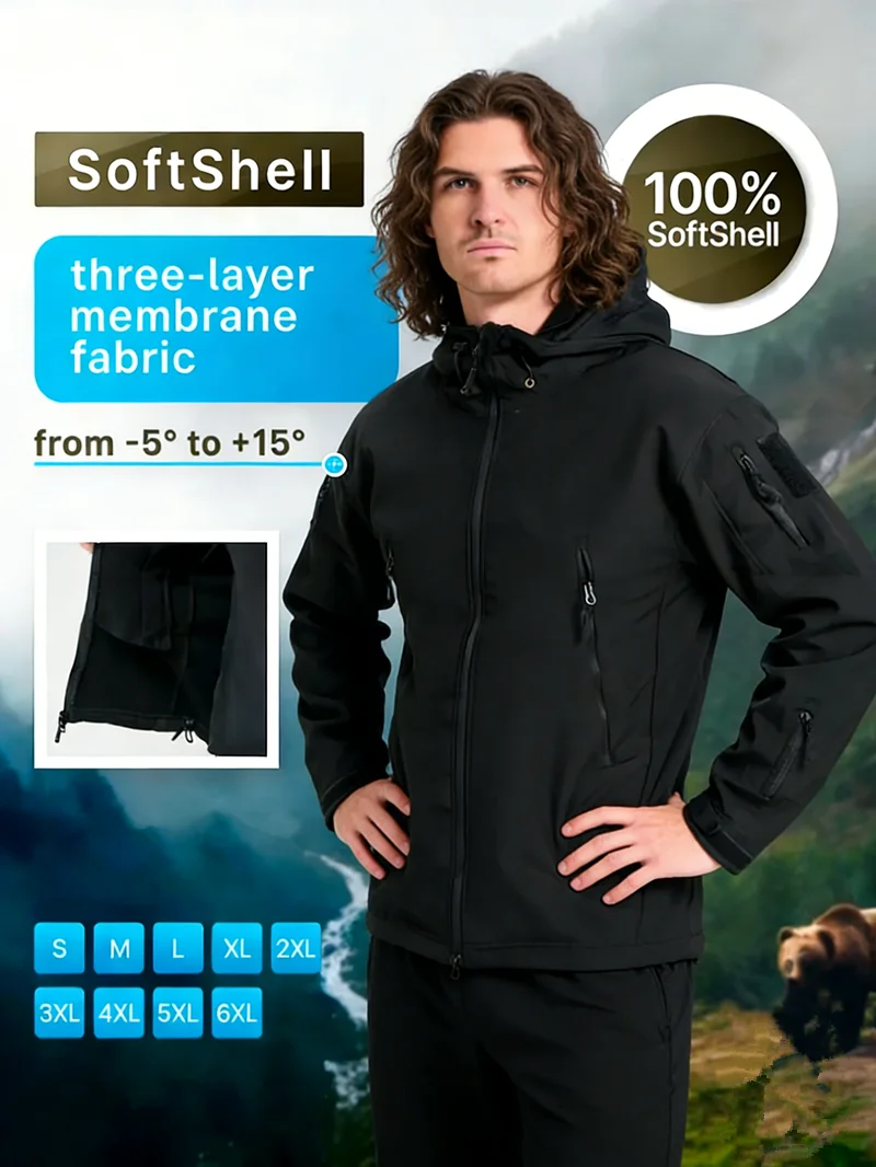 5XL 6XL Spring and Autumn Men's Outdoor Sharkskin Softshell Jacket Multiple Pockets Windproof Padded Mountaineering Coat