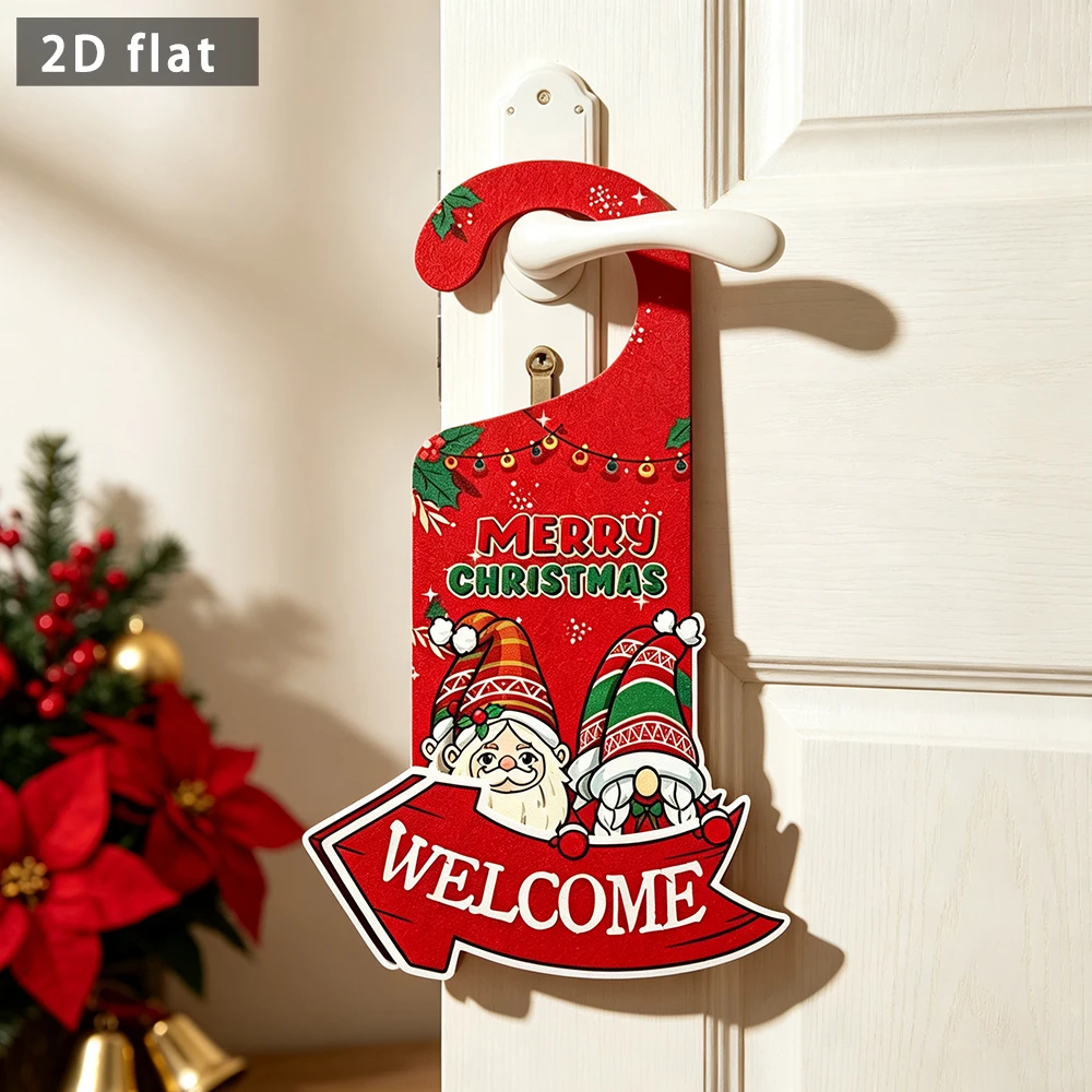 Felt Christmas Gnome Welcome Door Hanger Sign, 2D Flat Merry Christmas Plaque, Xmas Door Handle Decor Ornament