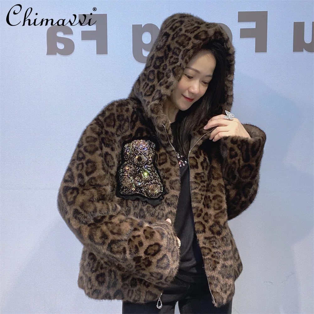 2025 ropa de invierno abrigo pesado con diamantes de imitación moda piel de visón manga larga corta con capucha gruesa chaqueta de piel de visón sintética para mujer