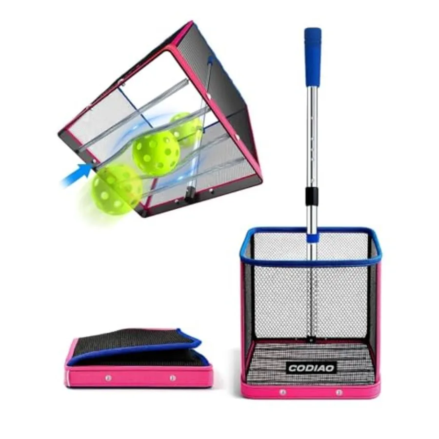 

Pickleball picker upper for court training, stainless steel telescopic handle, foldable basket, 40+ ball capacity, quick pickup