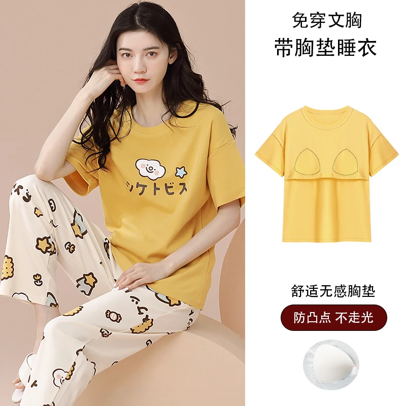 High Quality Summer Sleepwear With Chest Pad Women 100% Cotton Short Top+Long Pants Pajamas Set
