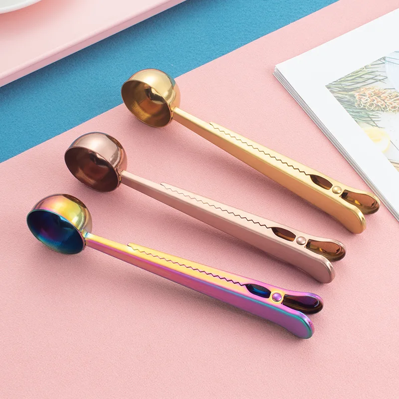 New creative titanium-plated stainless steel coffee spoon holder spoon two in one food flavoring milk powder bag sealing clip