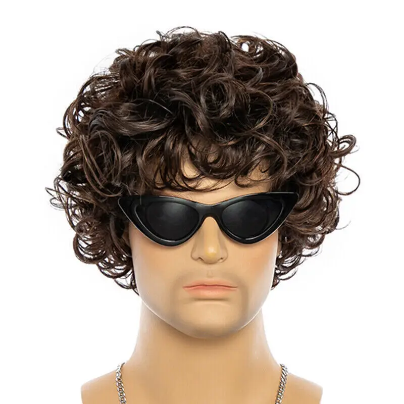 

Mens Brown Short Curly Wig Fluffy Synthetic Fiber Wigs