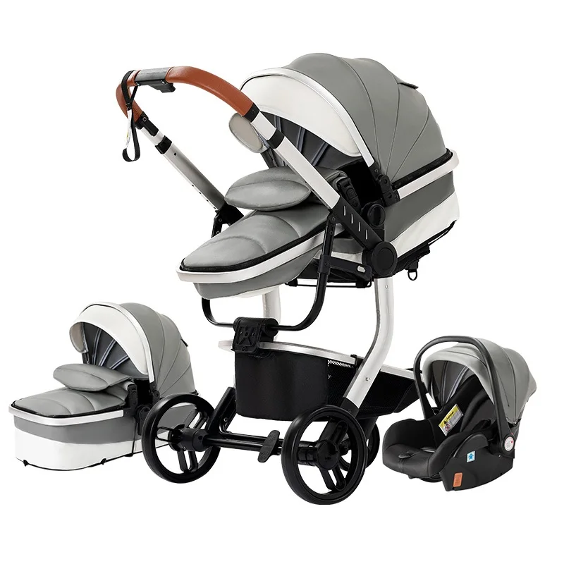 Poussette de Luxe 3 en 1 en Cuir PU pour Bébé, Roue en Caoutchouc Portable, Cadre en Aluminium, Paysage Haut, Nouveau-né