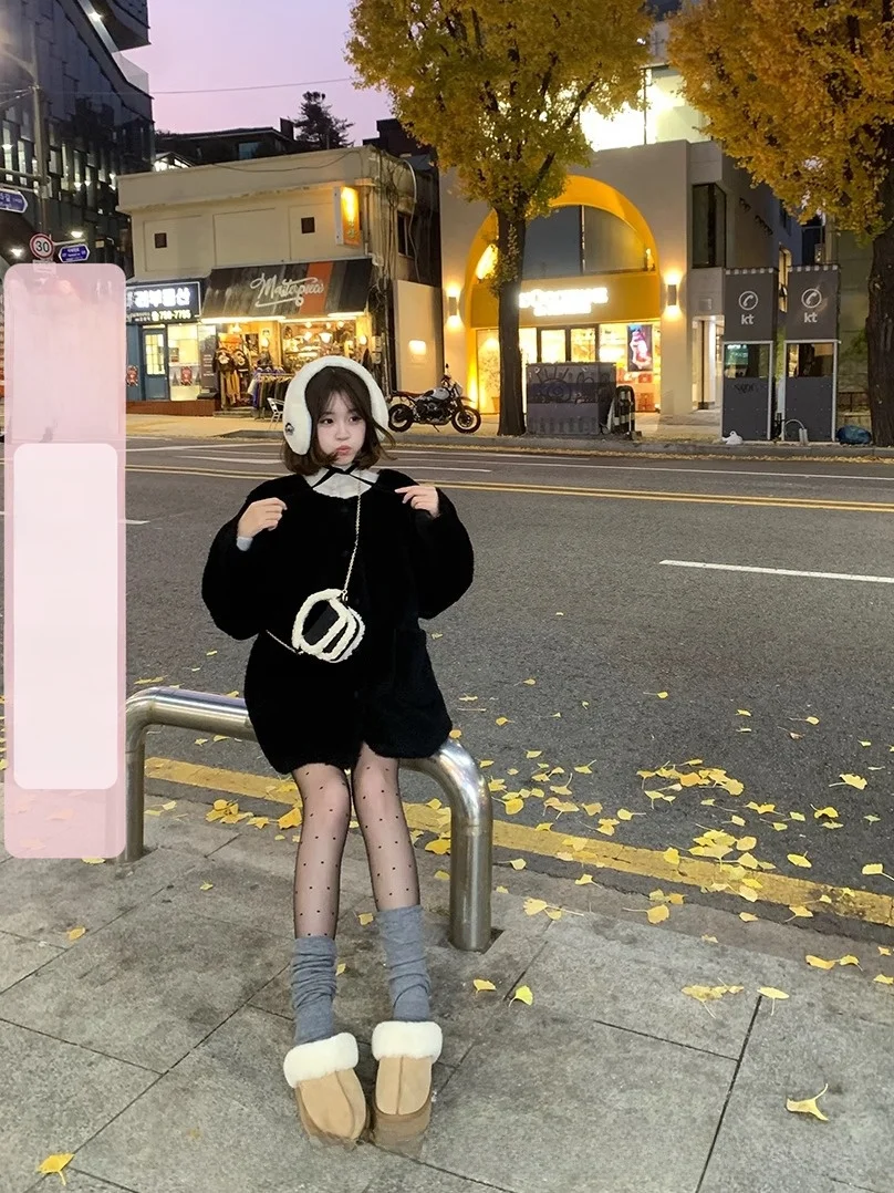 

CallmeEar Blaberry Paste Thiened Woolen Fur Coat Women's Winter Outerwear Warmth Inteated Skin And Hair Long Sve