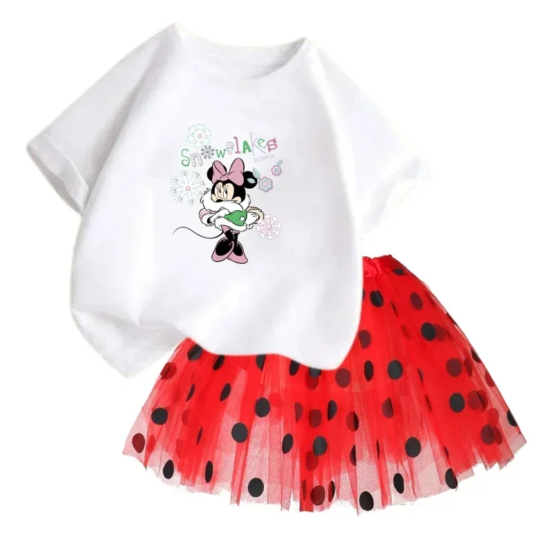 Disney Mickey Child Cotton T-shirt Fluffy Ballet Princess Tutu Skirt 2 Piece Set Baby Clothes Girl Birthday Lace Skirt Suit