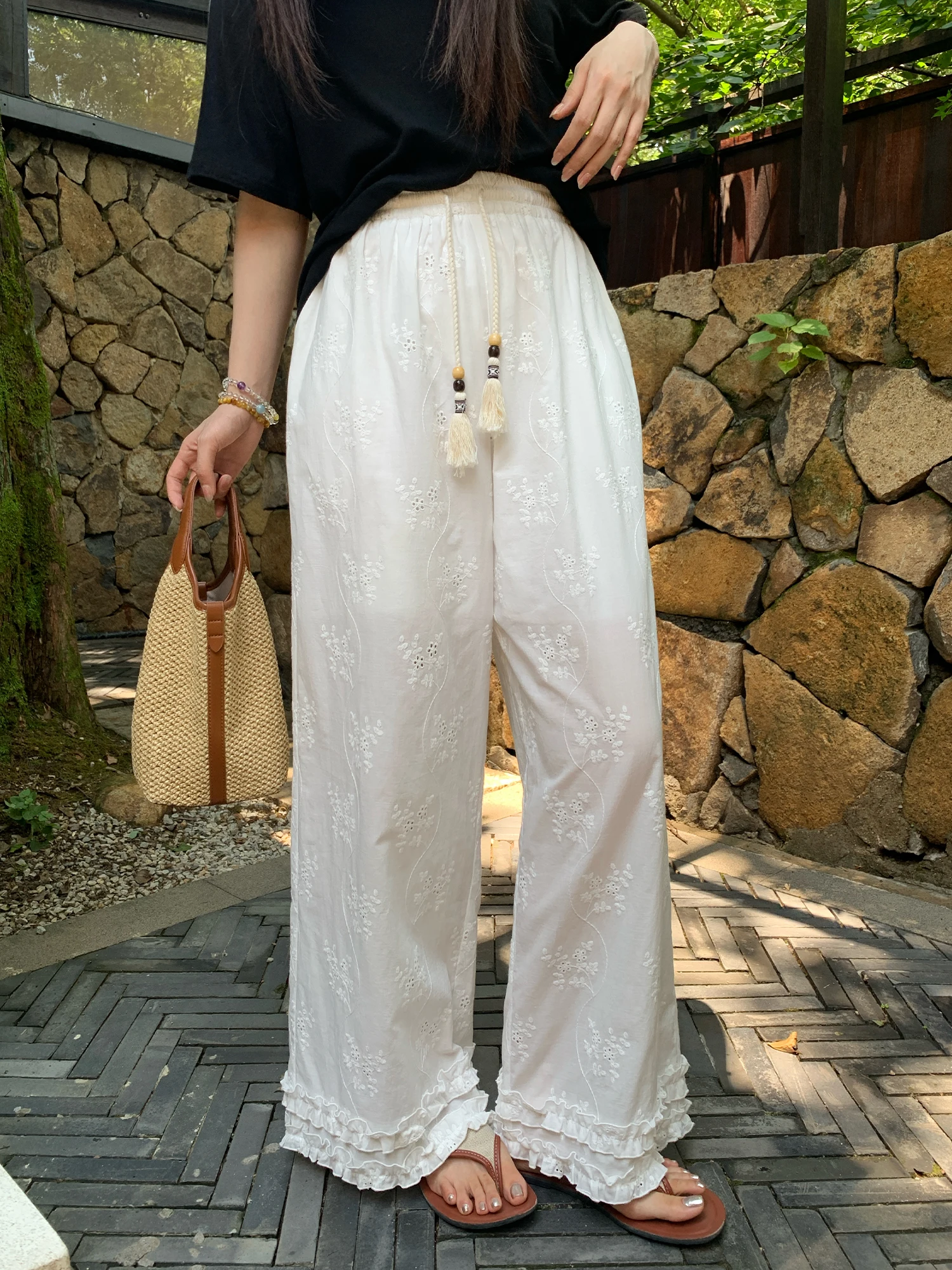 

Брюки NAZ большого размера из хлопка с вышивкой, ажурные, повседневные, с высокой талией, прямые, с деревянной отделкой, для женщин больших размеров