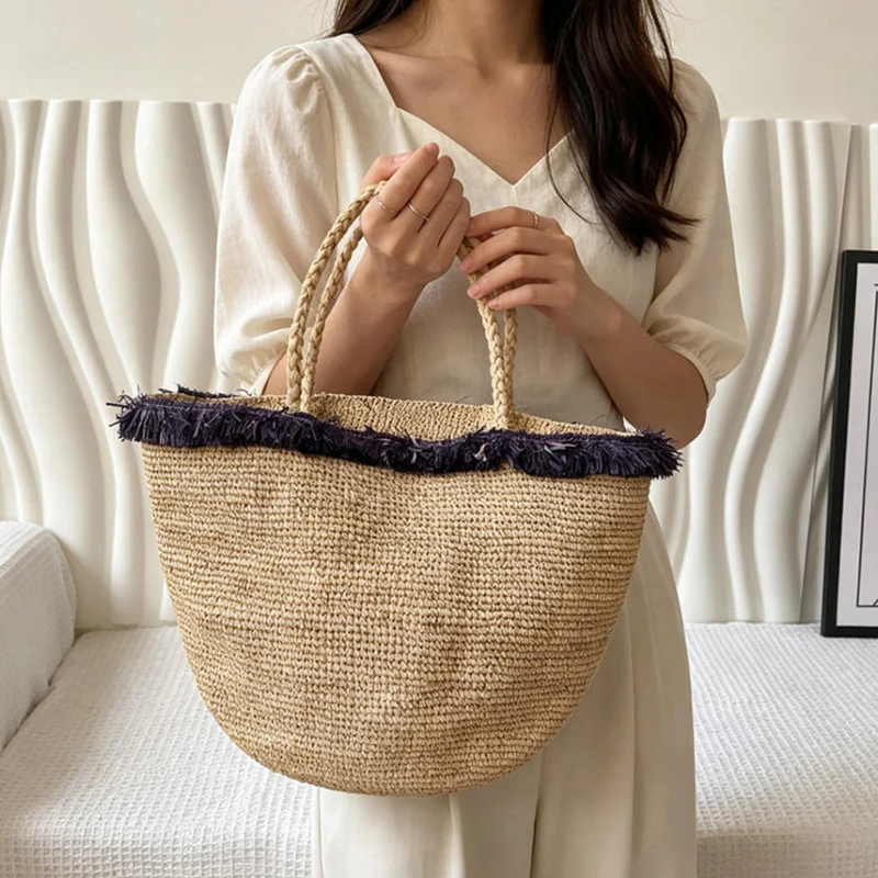

French Raffia Straw Woven Shoulder Bag, Color-blocked Tassel Edge Handbag Women Elegant Large Capacity Vacation Bag Bucket Bags