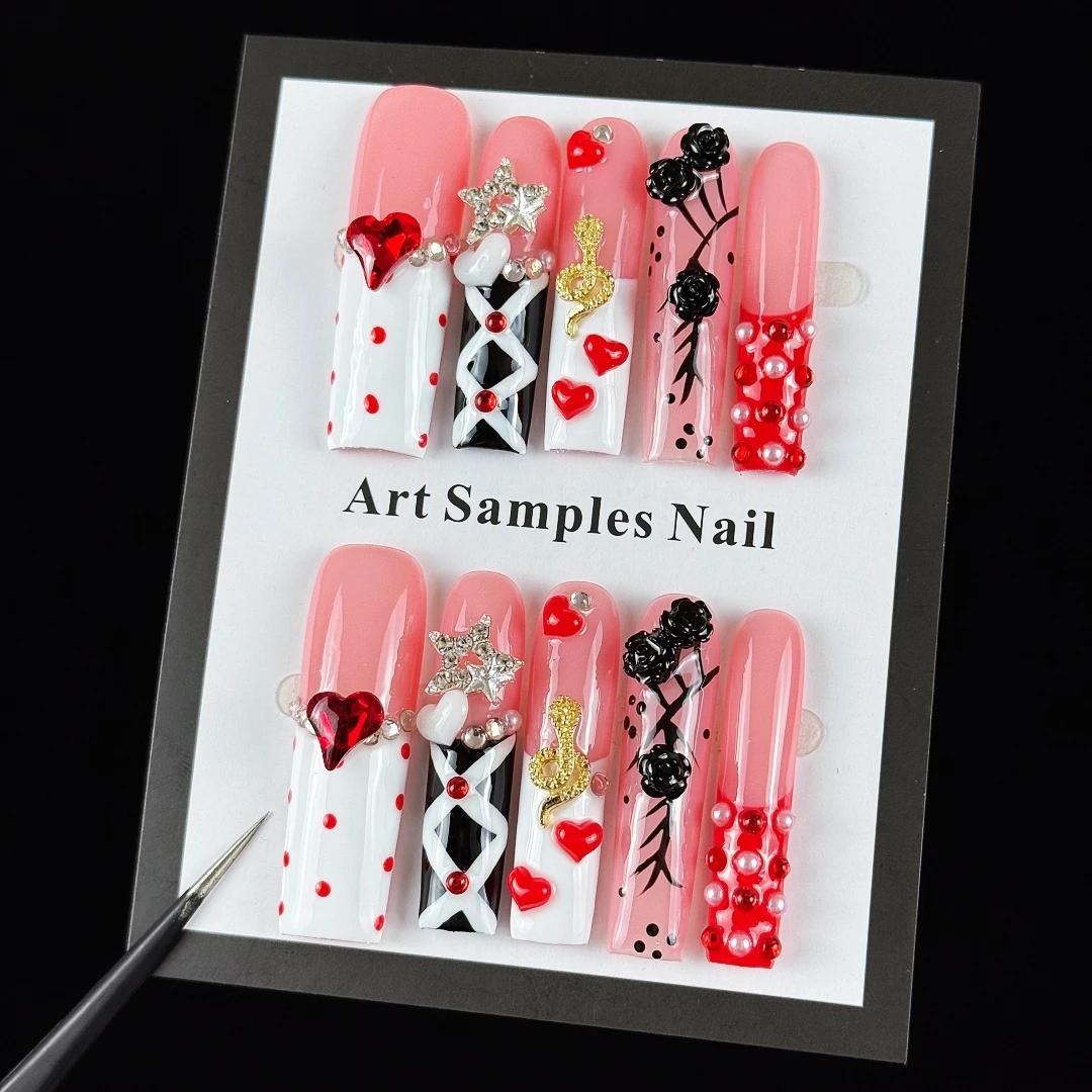 10 Stück hochwertige Retro-Gothic-Stil-Accessoires, handbemalte dreidimensionale Rosen, Herzen, Sterne, glitzernde Punkt-Diamanten, handgefertigte Kunstblumen – Detail 7