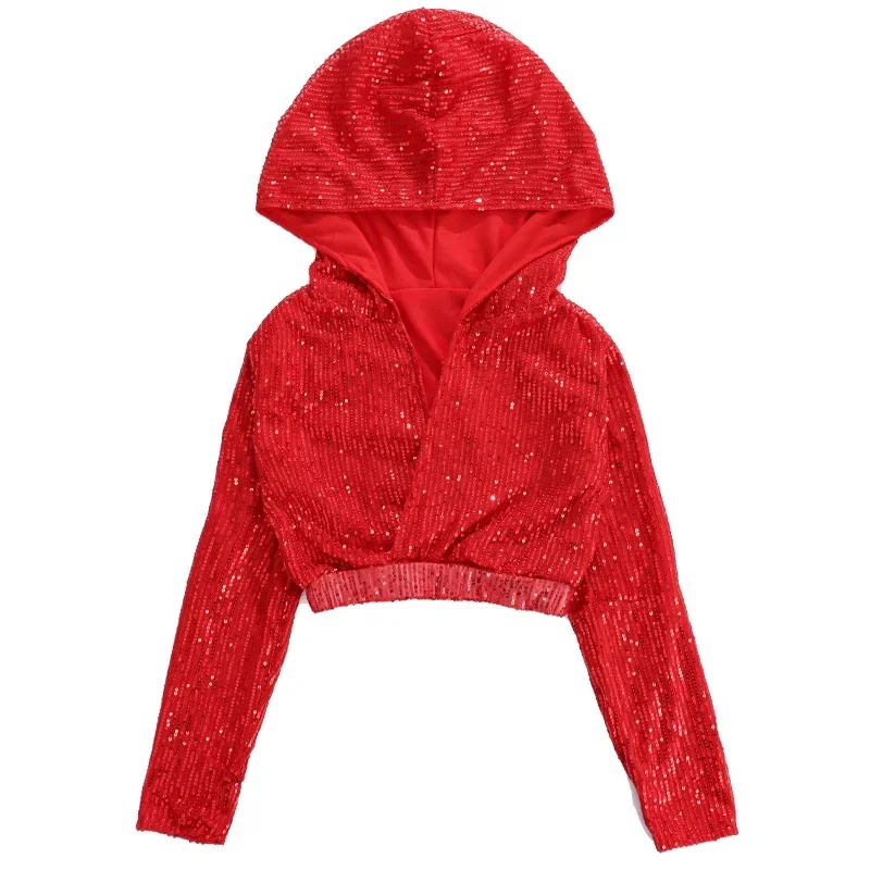 Crianças hip hop jazz calças conjuntos de roupas vermelhas crianças streetwear k-pop trajes meninas lantejoulas colheita hoodies saia de dança de rua