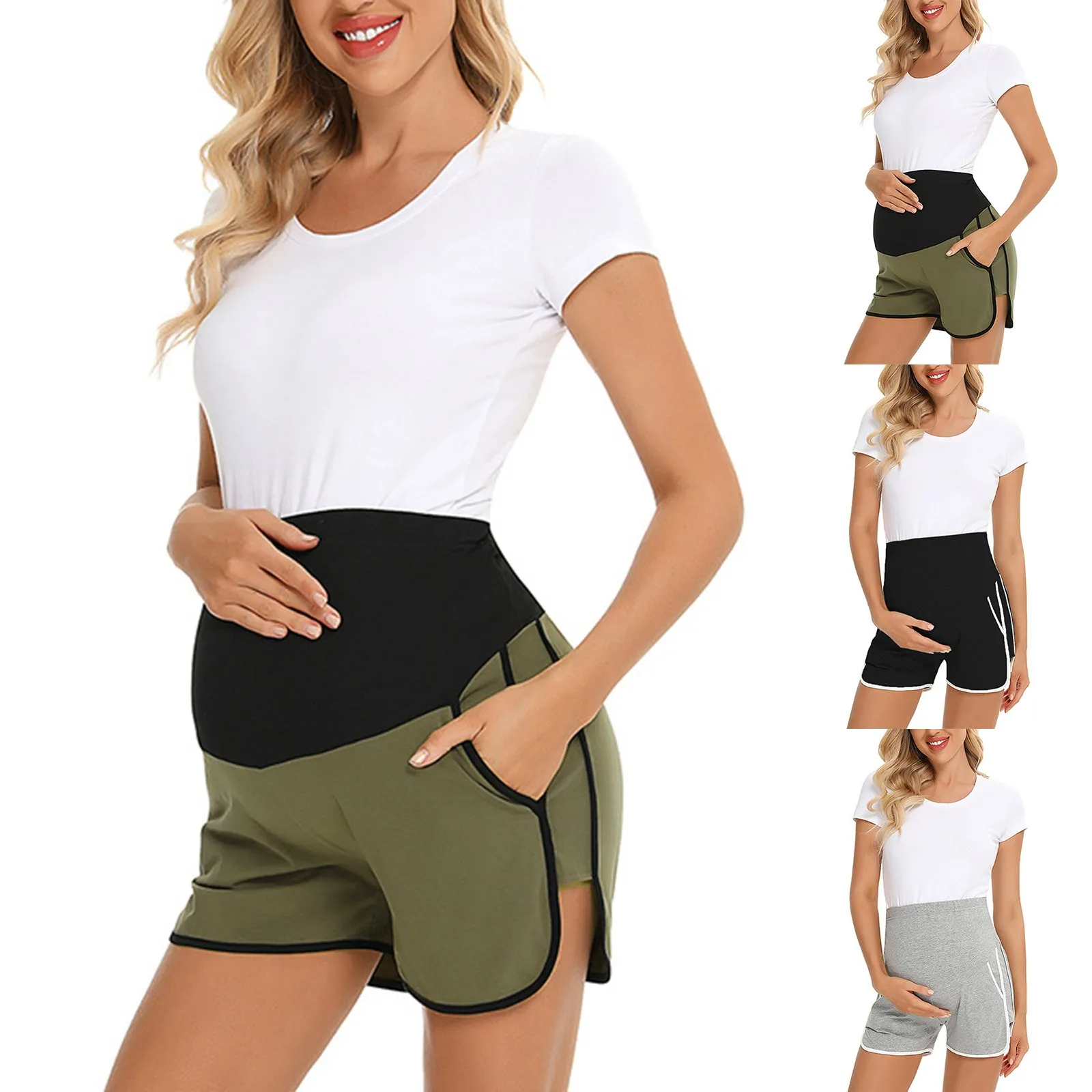 

Женские шорты для беременных, эластичные повседневные шорты с высокой талией контрастного цвета с разрезом по бокам и карманами для женских спортивных шорт