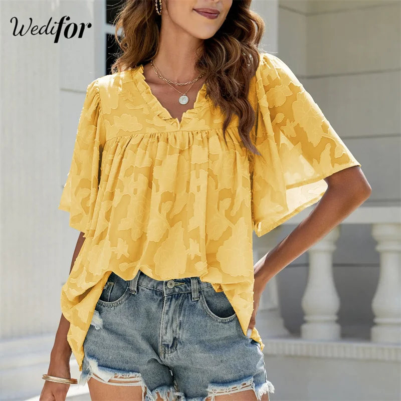 

Wedifor Elegant Flare Sleeve Chiffon Blouse Shirt Summer V Neck Loose Casual Pullovers Tops Fashion Office Lady Clothing