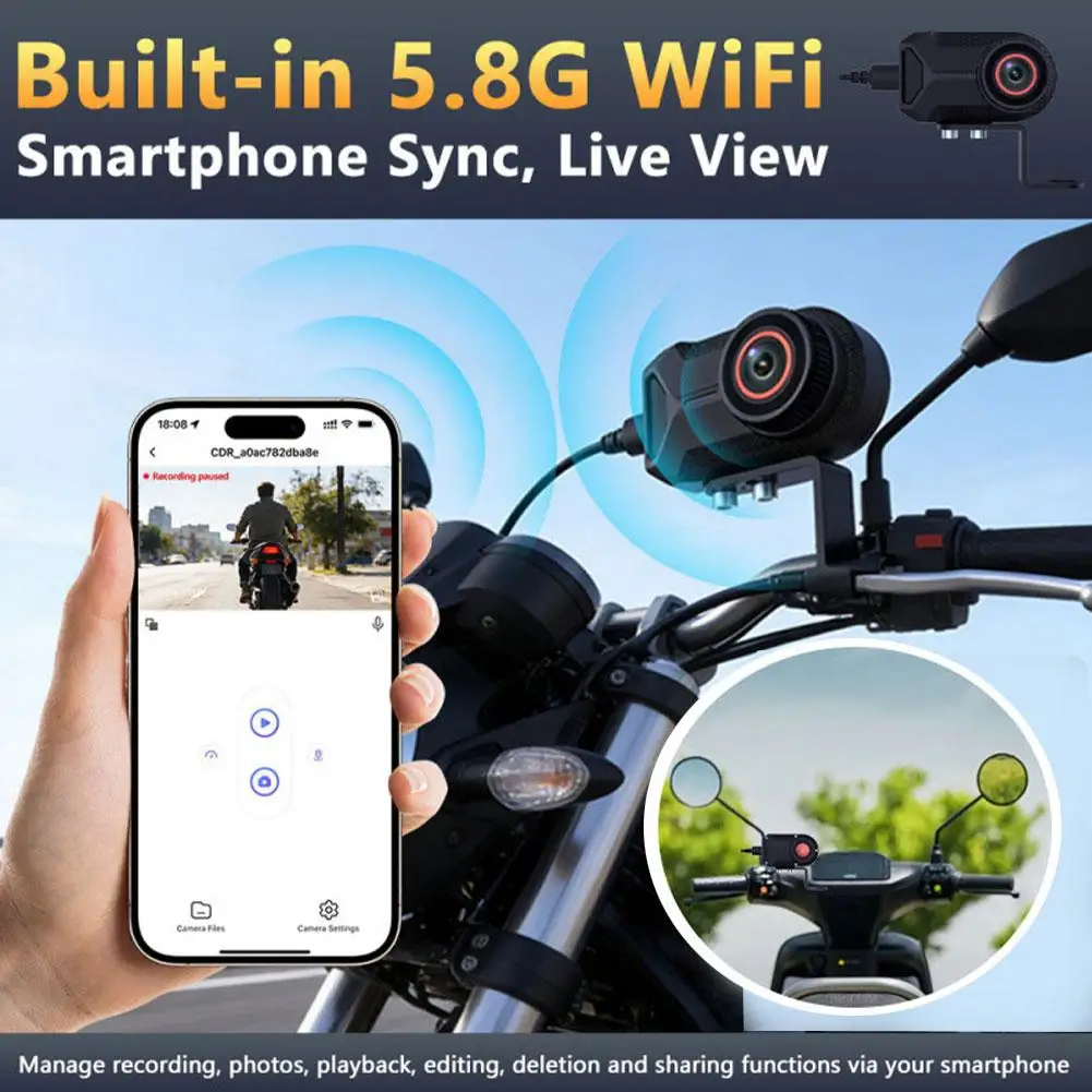 

Мотоциклетная камера 2K, Wi-Fi видеорегистратор, водонепроницаемая IP66, угол записи 170° ° Широкий луп-эндсил с H2v2