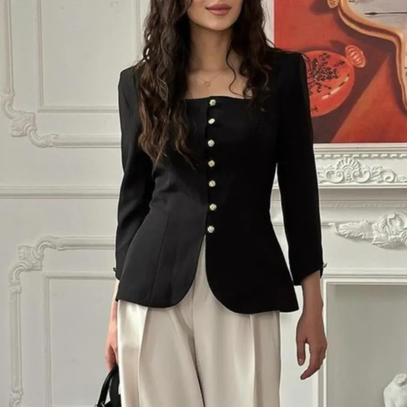 Vintage Black Square Neck Fitted Blazer Ladies Single Row Metal Buttons 3/4 Sleeve Slim Women Elegant Office Outerwear 260602
