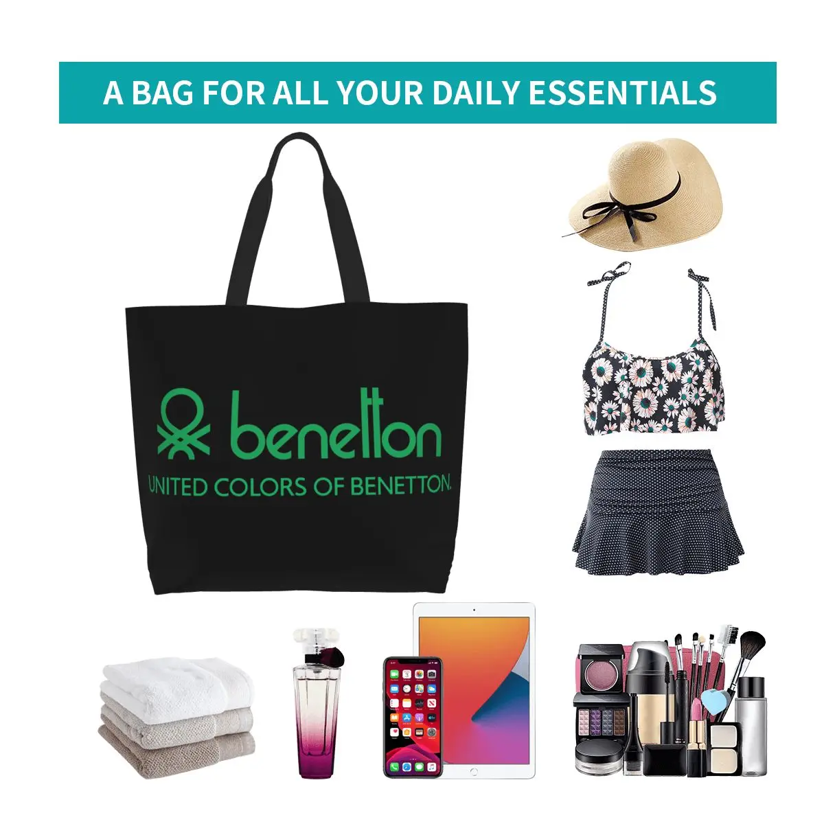 United Colors Of Benetton Shopping Tote Bag Canvas Large Capacity Shoulder Bags Shopper Grocery Handbag for Women view 4