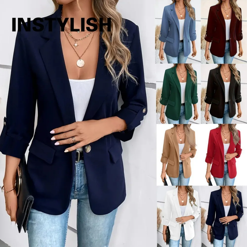 Women Casual Blazer Jacket Elegant Long Sleeve Notched Lapel Single Button Office Work Suit Coat Solid Loose Formal Outerwear