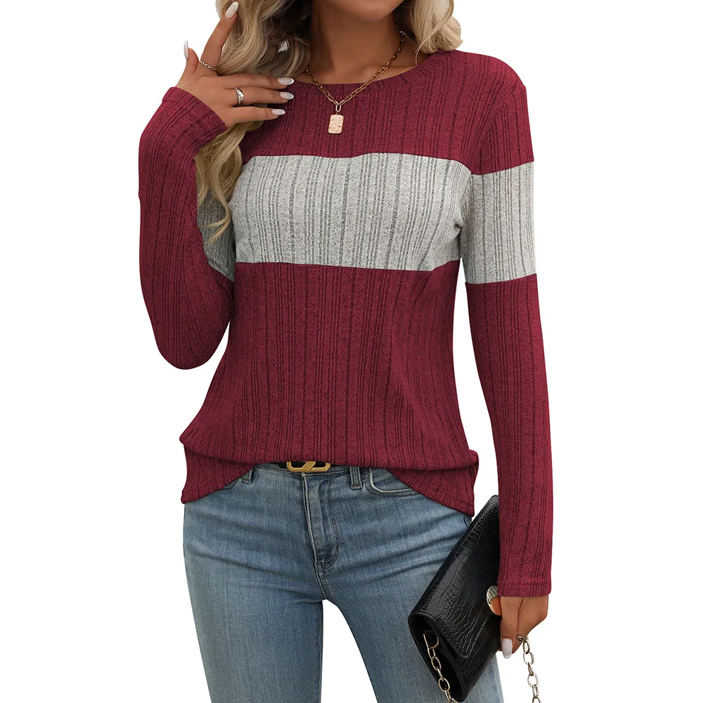 2025 Spring New Women\'s Long Sleeve Blouses Female Casual Color Blocked Pit Stripes Shirts For Women O-Neck Knitted Loose Tops