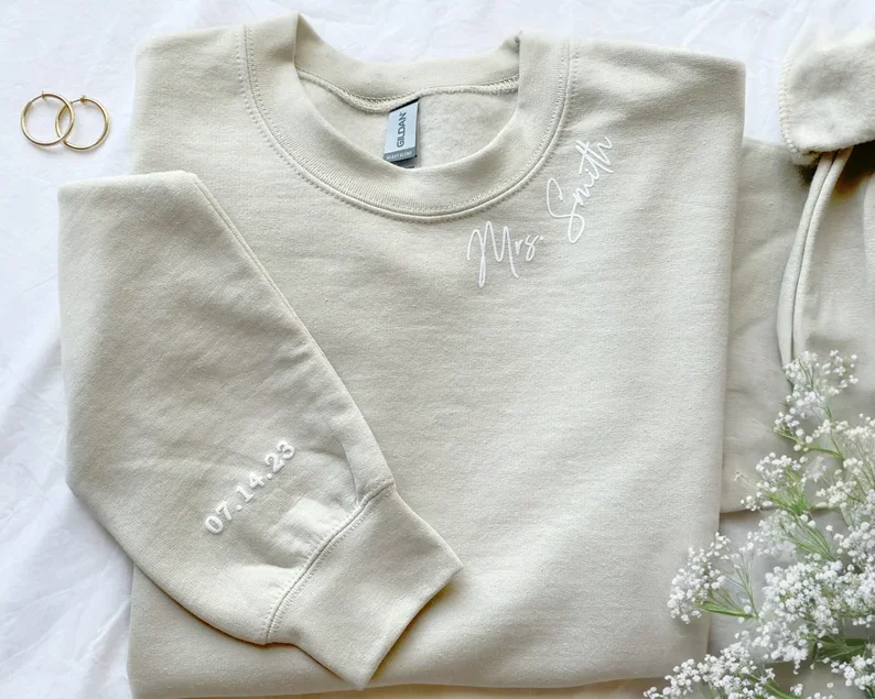 Personalized Mrs Sweatshirt Custom Wedding Gift Anniversary Gift for Her Mrs Neckline Embossed Sweater Bride To Be Wedding Date