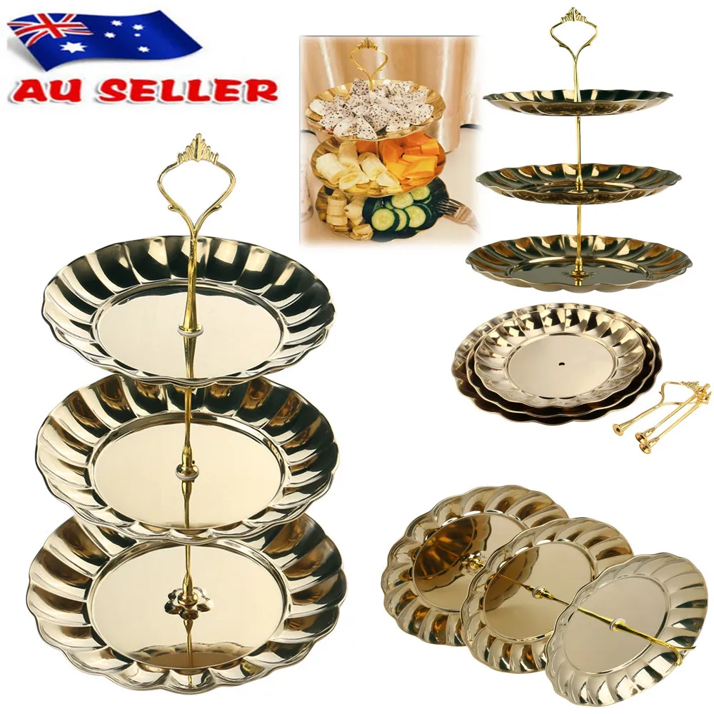 Stainless Steel 3-Tier Tiered Fruit Plate Cake Stand for Cookies Muffins Cupcakes Sandwiches Tarts Fruits Veggies Wedding Dinner