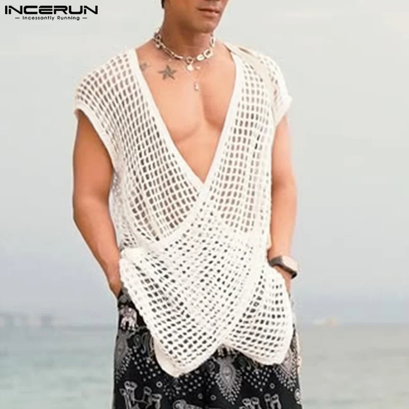 

INCERUN Men Tank Tops Solid Color Deep V Neck Hollow Out Mesh See Through Male Vests Sleeveless Summer 2025 Sexy Men Clothing