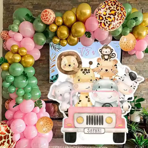 Pink Safari Animal Car Cutout Mosaic Board Pink Jungle Animals Nursery Car Foam Board for Birthday Baby Shower Backdrop Decor