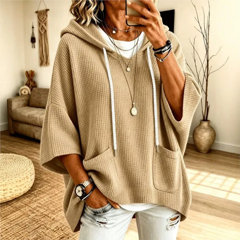Womens New Knitted Drawstring Hooded Sweatshirt Loose Pocket Top Pullovers Solid Soft Casual Autumn Winter Streetwear Women Tops