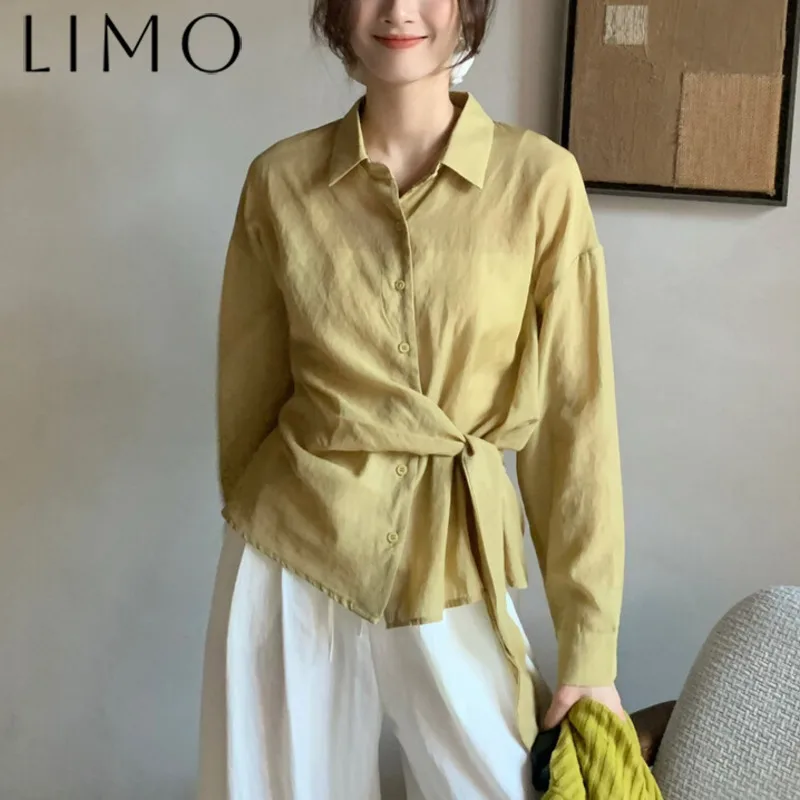 

LIMO Elegant Tie-Waist Blouse Women’s Slim Fit Linen Top Casual Chic Loose T-Shirt Office Wear Daily Basic Versatile