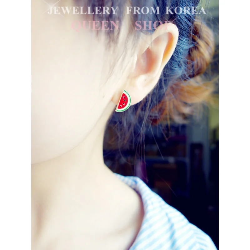 Heißer Verkauf neuer Stil kleine frische Sommer rot Öl tropft Obst Erdbeere Wassermelone Marienkäfer Damen Ohrringe Schmuck