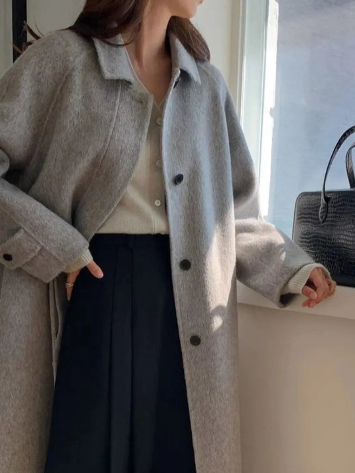 

Winter Women's Woolen Coat Vintage Lapel Single Button Loose Waist Cinched Long Length Trench Coat Korean Sle Long Sve