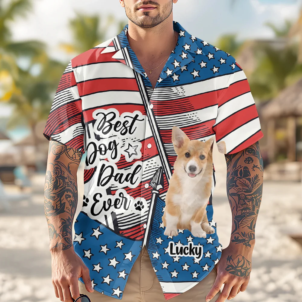 

Personalized Dog Dad American Flag Hawaiian Shirt Custom Dog Name And Paw Print Tropical Plants New Aloha Shirt For Dog Lovers