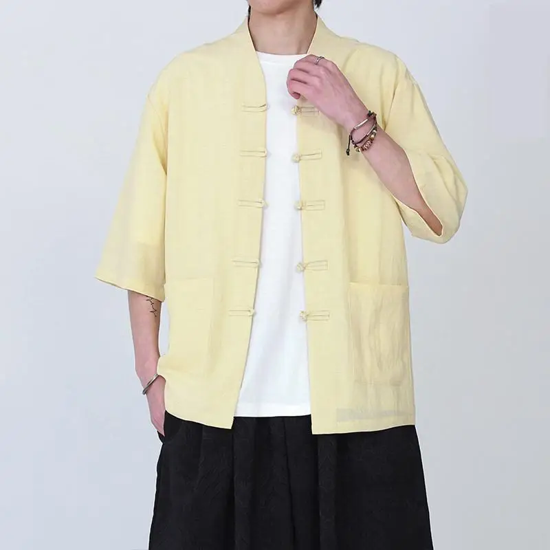 Men Collarless Shirt Frog Buttons Two Pockets Zen Style Streetwear Oversized Summer Loose Fit Casual Outerwear Gift for Man