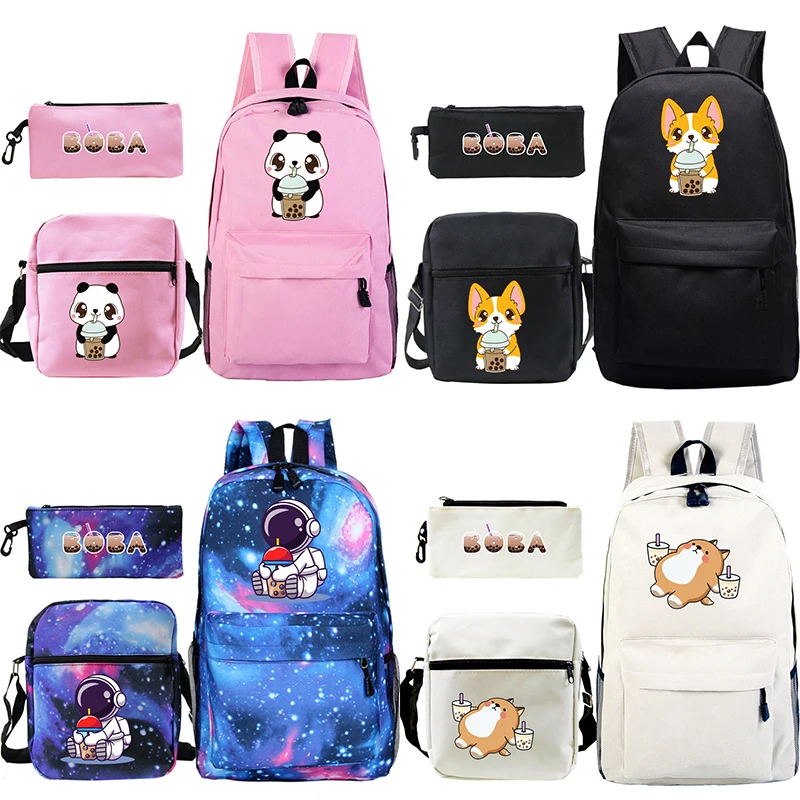 Cute Cartoon Animals Boba Tea Backpack 3 Pieces/set Girls School Bag Boys Pencil Case Crossbody Bags Women Kids Canvas Knapsack