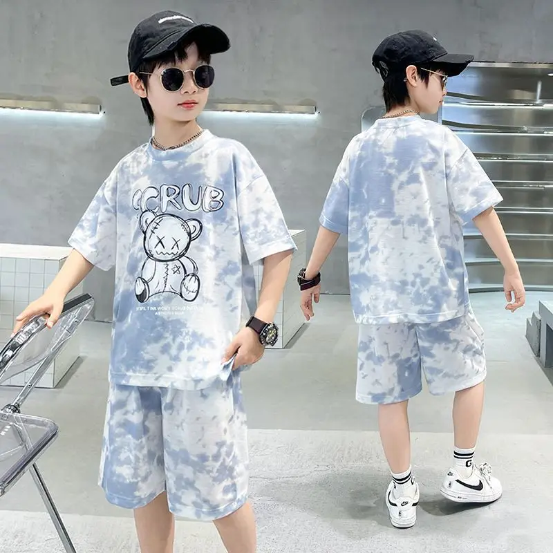 2024 summer Teenager Boys Clothes Casual Outfit Kids Tracksuit bear print Child t shirt + shorts hot pant  5 6 7 8 9 10 12 Year