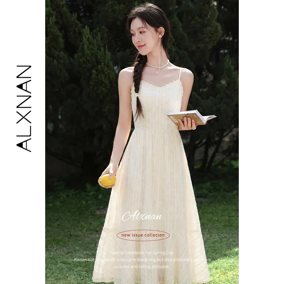

ALXNAN Women's Dress Summer Holiday Beach Lace Sleeveless Dress French Style Apricot Elegant Party Dresses for Ladies QJD00589