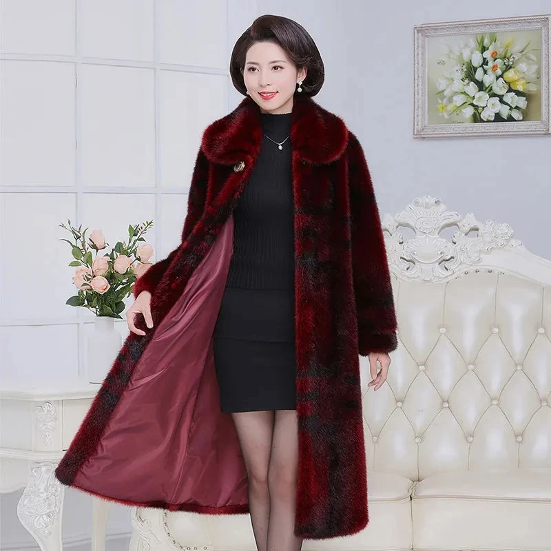 High Quality Mom\'s Long Fur Coat Winter New Warm Add Velvet Long Thicken Fawx Fur Overcoat Female Imitation Mink Fur Jacket 5XL