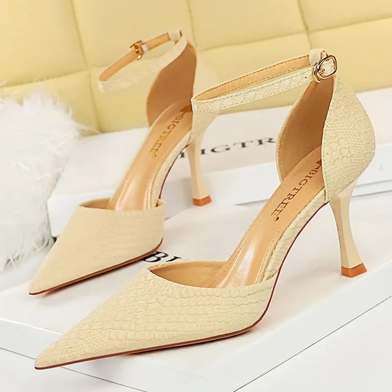 BIGTREE 2023 New Summer Sandal High Heel Shallow Pointed Stone Pattern Hollowed Out Belt For Party Women Pumps