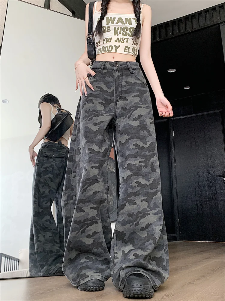 

Американские камуфляжные джинсы с широкими штанинами для мужчин и женщин, в стиле High Street, хип-хоп, свободные, прямые, струящиеся, длинные брюки