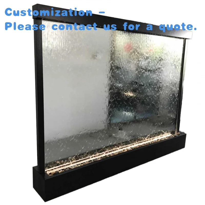 

на заказ. 2,4 метра, ширина 1,8 метра, черная рама с порошковым покрытием, нержавеющая сталь, стекло, внутренние водопадные фонтаны, садовый орн