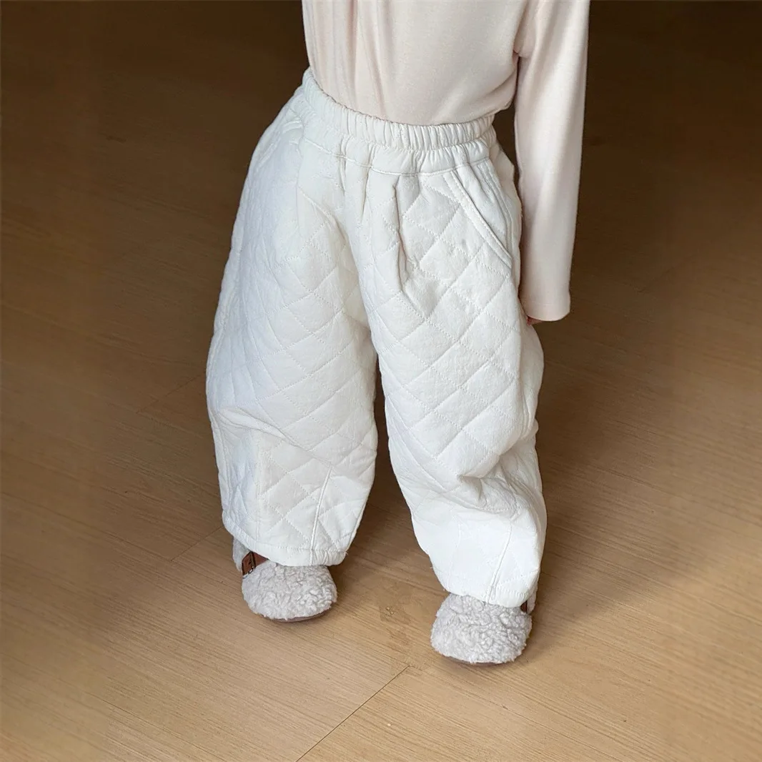 Warm and Thickened Boys and Girls Autumn and Winter Quilting Cotton Rhombus Casual Thickened Solid Loose Radish Harlan Pants