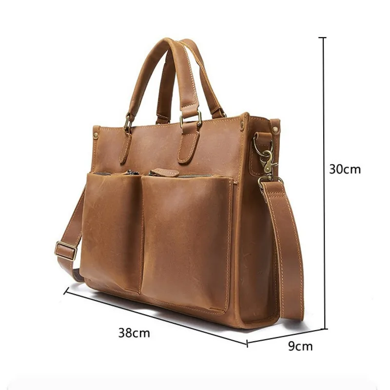 Fashionable Men's Genuine Leather Laptop Crazy Horse Skin Handmade One Shoulder Diagonal Straddle Bags Large Capacity Briefcase