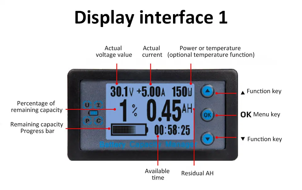 Kabelgebundener Shunt-Coulombmeter DC 8-120V 100/200/300/500A Energiemessgerät Batteriekapazitätstester Niederspannungsalarm LCD-Amperemeter Voltmeter – Detail 6
