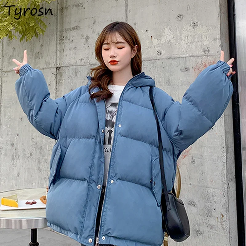 

With Hat Parkas Women Solid Zip-up Fashion Short Style All-match Students Ulzzang Loose Warm Coats Winter Femme Lovely Thicken