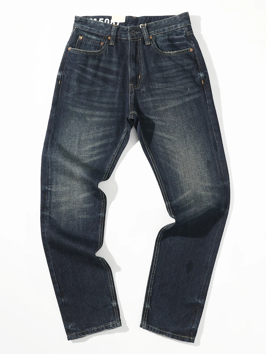 

Зимние плотные джинсы прямого кроя из чистого хлопка глубокого синего цвета для мужчин, повседневные, винтажные, в американском стиле, длинные брюки