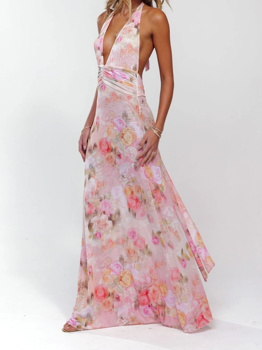 Elegant Floral Print Maxi Dress Sleeveless Halter Neckline with Open Back Women s Summer Party Gown in Polka Dot Pattern