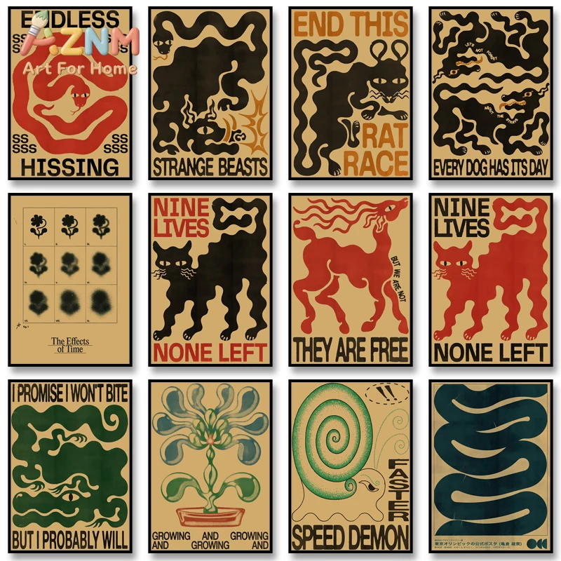 

AZNM Винтажный абстрактный принт на холсте с изображением животных и растений, безрамное настенное искусство в стиле ретро с цитатой, однопанельный, «Бесконечные звуковые эффекты странных зверей» R