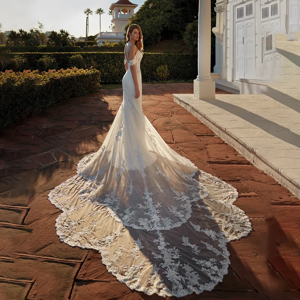 Women's Off Shoulder Mermaid Wedding Dress Spaghetti Straps Deep V Lace Applique Long Train Fitted Bridal Gown for Beach Wedding