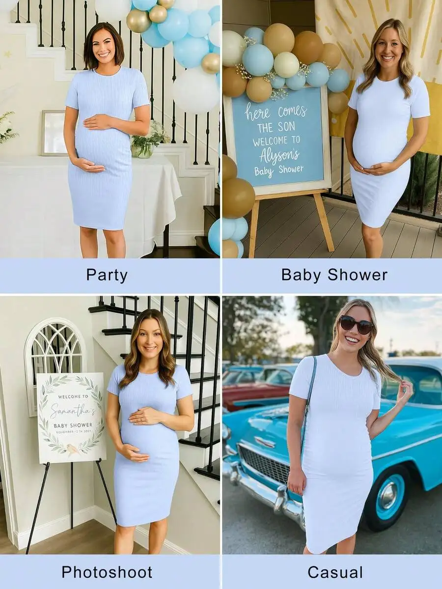 Ribbed Crew Neck Short Sleeve Bodycon Maternity Dress For Women