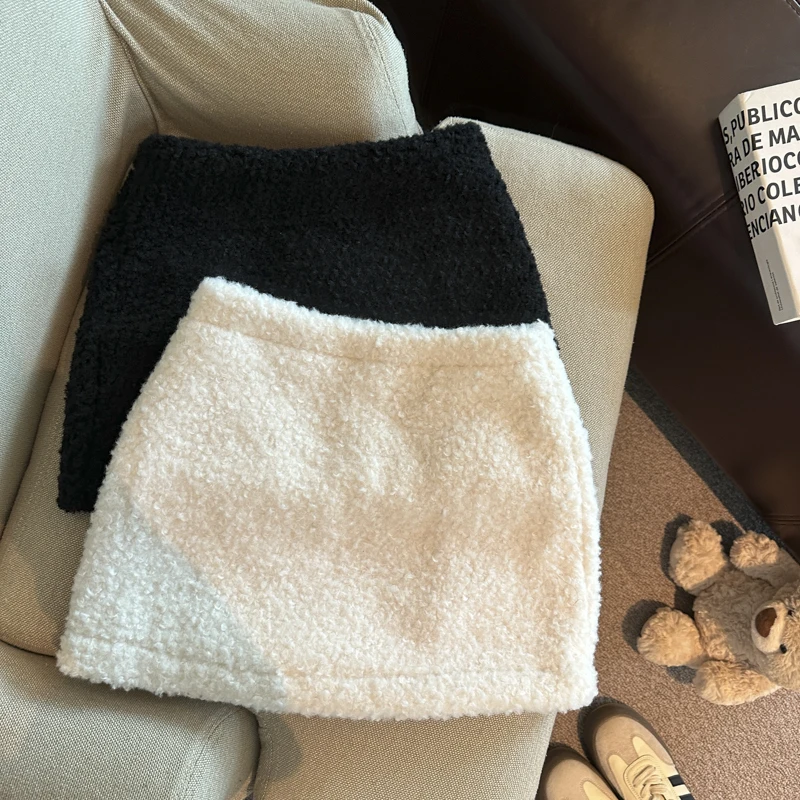 

Women's Autumn Winter Cute Wool&blend A Line Short Skirt Lady High Waist Solid Color Slim Mini Skirt