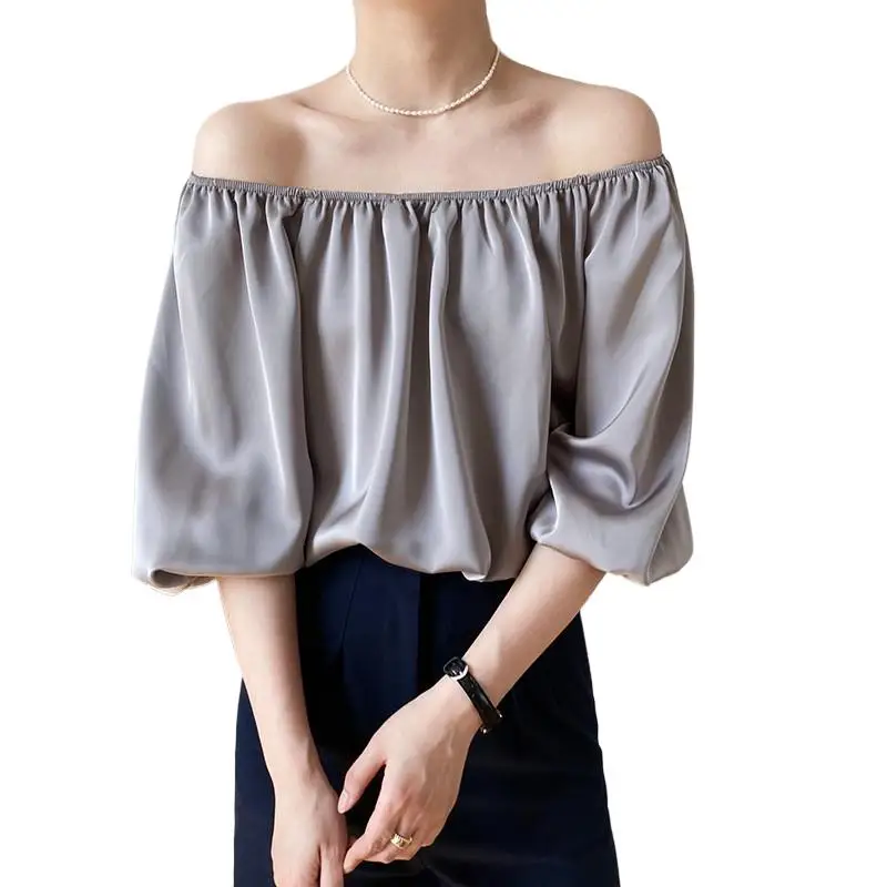 

Sexy Off Shoulder Solid Shirt Summer Women Elegant Vintage White Acetate Satin Tops Fashion Street Slik Blouse Blusas Mujer